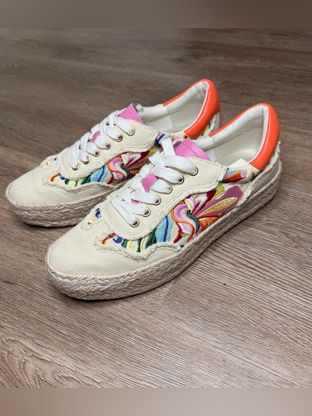 Dolce Vita Cream Canvas Espadrille Sneakers with Multicolor Embroidery